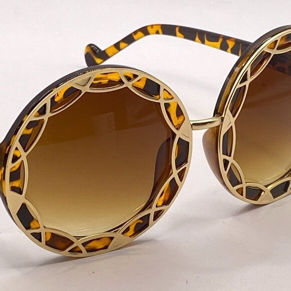Round Oversized Gold Filigree and Tortoise Sunglasses Brown Lenses New - Picture 7 of 9